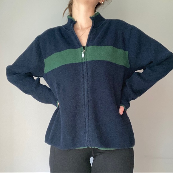 Navy + Green Knit Full Zip Cardigan Sweater - Picture 1 of 7